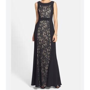 JS Collections Ottoman Black Full Length Lace Panel Sleeveless Gown